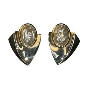 Vintage 80s Faux Fresh Water Pearl Earrings Gold Tone Metal Abstract